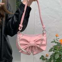 Solid Color Bowknot Womens Shoulder Bag Pu Leather Ladies Underarm Bag Pearl Chain Female Handbags Small Tote Fashion Purse