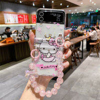 บานพับใสพิมพ์ลายรูปการ์ตูนเคส Samsung Galaxy Z Flip 4 Z Flip 3พร้อมจี้สายรัดข้อมือโซ่ฮาร์ดพีซี