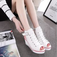 HOT★ฤดูร้อนใหม่รองเท้าผ้าใบรองเท้าปลาปากรองเท้าผ้าใบลาด Heel Hollow Out รองเท้าผู้หญิง Wedges รองเท้าสำหรับสตรี