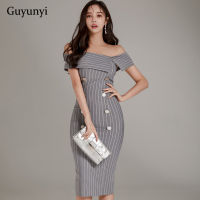 Striped High Waist Tight Dress  Spring Sexy Off The Shoulder Strapless Back Decorative Double Breasted Elegant Party Dress