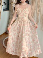 ۩▬☏ Jielur Elegant Floral Fairy Dress Women Strap Sexy Party Midi Dresses Casual Design Chic Printing High Waist Fashion Dress 2022