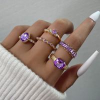 JWER Vintage Purple Rhinestones Ring Set Imitation Crystal Bohemian LuxuryRing for Women Jewelry Wedding Party Accessories Gifts