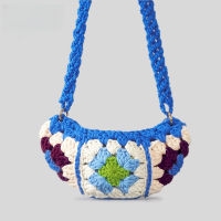 New Grandmother Grid Cotton Thread Knitted Bag Womens Ethnic Style Handmade Crochet Mobile Bag Retro Spliced One Shoulder Crossbody Bag