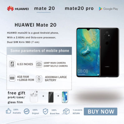 HUAWEI MATE 20 4 + 128 GB 980 6.53นิ้ว Kirin (7 Nm) 4000 MAh 22.5W เครื่องชาร์จรวดเร็ว HUAWEI Mate 20สมาร์ทโฟน