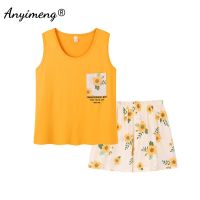 【LZ】❐  Coreano Verão 2 Peça Set Colete Pijamas para Mulheres Gola Redonda Pijamas Sem Mangas Plus Size M-4XL Sleepwear Lazer Homewear