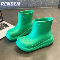 RENBEN ใหม่แฟชั่นที่เรียบง่ายแจ๊กเก็ตสีทึบ EVA ของผู้หญิงสูง galoshes แพลตฟอร์มรองเท้ากันฝนกันลื่นกันน้ำ V725