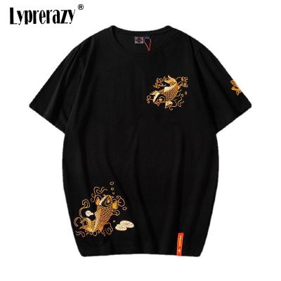 Lyprerazy Summer Short-sleeved T-shirt Mens Koi Carp Embroidery National Tide Chinese National Tide Tee