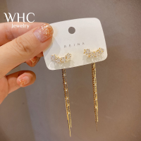 WHC Jewelry ต่างหูพู่ยาวพู่รูปดาวห้าแฉกเงาเกาหลีแฟชั่น 925 เงินผู้หญิงต่างหูสตั๊ด