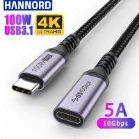 Hannord USB C 3.1สายพ่วง100W 5A สายวิดีโอสัญญาณเสียงตัวผู้เป็นตัวเมีย Type C สายชาร์จสำหรับอย่างรวดเร็ว Macbook Pro