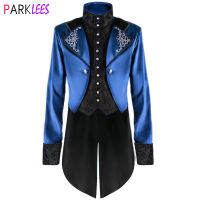 Royal Blue Steampunk Gothic Tailcoat Jacket Men Victorian ยุคกลาง Renaissance ฮาโลวีนชุดเวทีคอสเพลย์ชุดโจรสลัด3XL