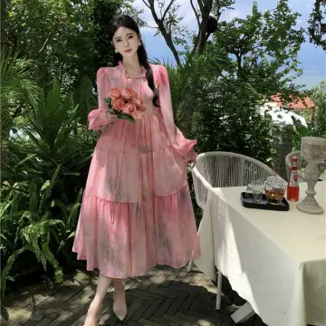 Lady Loose Long Swing Dresses Chiffon Floral Flared Sleeve Sweet