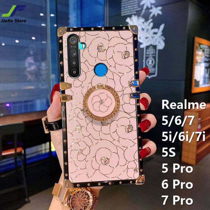 jiefie-rose-flower-square-เคสโทรศัพท์สำหรับ-realme-5-5i-6i-7i-5s-5-pro-6-6-7-7-pro-หรูหราชุบโครเมี่ยม-golden-light-tpu-พร้อมขาตั้งแหวน