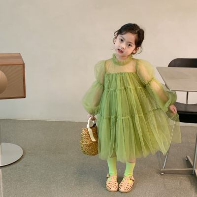 สาวแต่งตัวฤดูใบไม้ผลิ2022เสื้อผ้าเด็กใหม่สาวเกาหลีเจ้าหญิงโค้ตชุดปุยตาข่าย2-9ปีสาวหวาน Dress