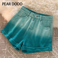 PEAR DODO เอวสูงเกาหลีไล่ระดับสีสำหรับผู้หญิง Celana Pendek Denim ขากว้างแบบหลวม