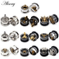 Alisouy 2pcs Stainless Steel Cat Head Skull Cross Ear Tunnels Plugs Expander Stretcher Earrings Gauges Body Piercing Jewelry