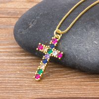 2021Rainbow Cross Crystal Pendant Gold Chain Necklace AAA Shiny Cubic Zirconia Choker Necklaces Fashion Jewelry Gifts For Women