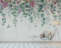 Watercolor Eucalyptus Leaves, Flowers Wallpaper Tropical Flowers Wall Mural Peel and Stick Wall Art Vintage Wallpaper