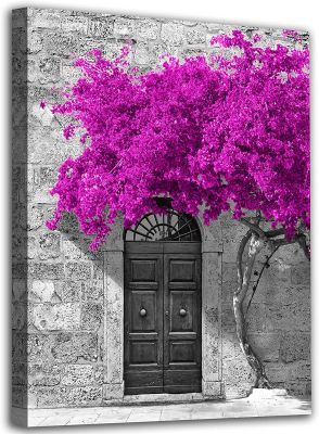 ศิลปะบนผนังต้นไม้สีชมพูวินเทจบ้านหิน Archway ภาพวาดบนผ้าใบมอลต้าผืนผ้าใบสถาปัตยกรรมพิมพ์ภาพวาดภูมิทัศน์เมืองเมดิเตอร์เรเนียนงานศิลปะสำหรับห้องนอนห้องนั่งเล่นห้องน้ำสำนักงานของตกแต่งผนังบ้าน X
