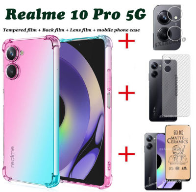 (4ใน1) OPPO Realme 10 Pro 5G โปรเคสโทรศัพท์ Realme 10สีเคสโทรศัพท์เคสมือถือไล่สี + ฟิล์มเซรามิกหน้าจอ + ฟิล์มเลนส์ + ฟิล์มด้านหลัง
