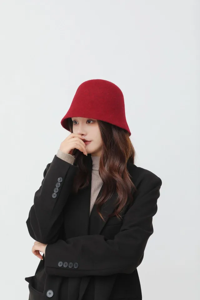 CoCopeaunt Autumn And Winter Korean Fashion Show Face Small Plush Bucket  Hat, Pure Color Wool Sun Hat Warm Women’S Hat