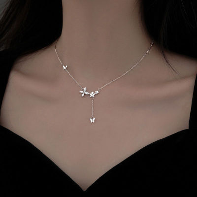 ANENJERY 925 Sterling Silver Shiny Zircon Butterfly Flowers Necklace For Women Simple Sweet Clavicle Chain All-Match Jewelry