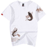 Lyprerazy Mens Hip Hop Chinese Fashion KOI Fish Embroidery T-Shirt Streetwear Tops Tees Harajuku Clothes