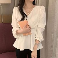 COD dhdfxcz Autumn/Winter 2022 Korean womens cross V neck long sleeve blouse temperament to reduce waist slimming