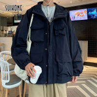 Suikone เสื้อแจ็คเก็ตสินค้าแบบมีกระเป๋าหลายช่องของผู้ชายสีทึบ Jaket Daki Gunung คู่