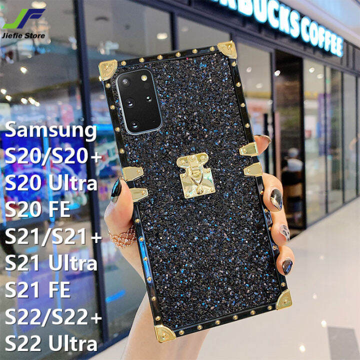 jiefieสำหรับsamsung-galaxy-s20-s20-s20-ultra-s20-fe-s21-s21-s21-ultra-s22-s22-s22-ultra-เคสโทรศัพท์สแควร์glitter-blingแฟชั่นยี่ห้อกรอบตอกหมุดปลอก