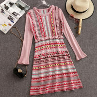 Autumn Korean Sweet Pink Rainbow Striped Bright Silk Knitting Dress Women Long Sleeve Ruffes Knitted Sweater Dress Vestidos