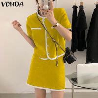 VONDA Women Casual Contrast Color Stitching Buttons Open Placket Top + Skirt Suit (สาเหตุเกาหลี)