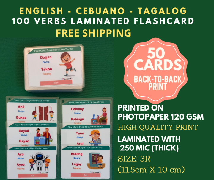 100 VERBS FLASHCARDS 50 CARDS LAMINATED ENGLISH-BISAYA CEBUANO-TAGALOG ...