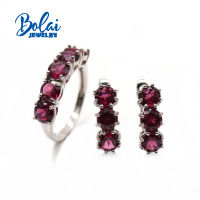 Natural rhodolite garnet round 5.0mm ring earring jewelry set Simple fashion 925 sterling silver women daily wear fine jewelry