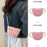 Summer pink cute childrens messenger mini bag for women summer 2023 new hand-woven candy beaded bag 【QYUE】