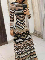 Striped Colorblock Ruched Maxi Dress ผู้หญิงแขนยาวผอมชุดลำลองยาวทุกวัน