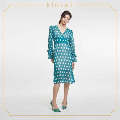 Kloset Design V Neck Polka Dot Chiffon Dress (RS20-D008) เดรสผ้าชีฟอง เดรชผ้าพิมพ์ เดรสแฟชั่น เดรสพร้อมซับใน