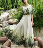 High Quality 2021 Summer New Arrival Elegant Round Collar off Shoulder Flower Printed Flare Sleeve Women Chiffon Long Dress