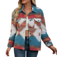 A 65 Cotton 35 Polyester Geometric Pattern Cropped Loose Lapel Pocket Button Women เสื้อขนสัตว์