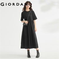 GIORDANO Women Dresses Asymmetric Pleat Collage Fashion Dresses Crewneck Short Sleeve 100% Cotton Relaxed Dresses 18463702