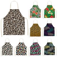 Leopard Print Flower Printed Sleeveless Aprons Kitchen Women Cotton Linen Pinafore   Baking Waist Bib  WQL0155