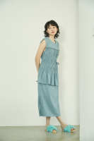 Kiss the Earth Pleated Ribbon Dress Blue Free Size