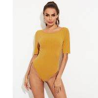 Backless Knit Pit Strip Jumpsuit Women Middle Sleeve Elastic Skinny Bodysuit Women Bottoming Shirt