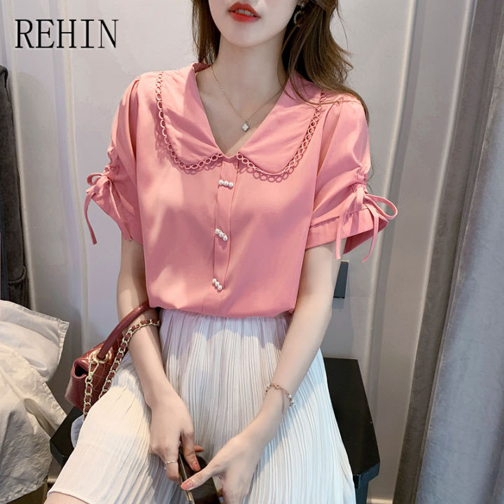rehin-เสื้อผู้หญิงแขนสั้นผ้าชีฟองคอตุ๊กตาแฟชั่นสไตล์เกาหลีแบบใหม่ฤดูร้อน