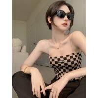 Checkerboard ถัก suspender top ผู้หญิงฤดูร้อน outerwear สาวร้อน retro inner สั้นเซ็กซี่ bottoming เสื้อกั๊ก ins