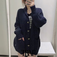 TRAF Women Fashion Oversized Knit Cardigan Sweater Vintage Long Sleeve Patch Pockets Female Outerwear Chic Tops