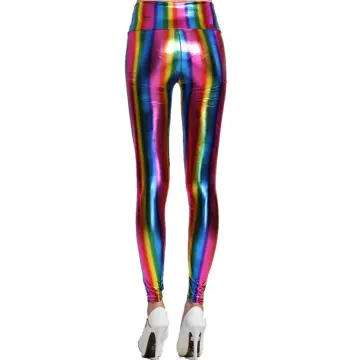 Metallic High Waist Leggings Womens Plain Wetlook Shiny Party Skinny Disco  Pants