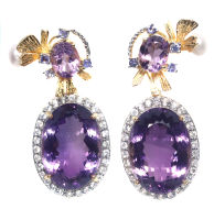 ต่างหูพลอยแท้ อเมทิสต์ (Amethyst) 17 X 23 mm. และ อเมทิสต์ ไข่มุก แทนซาไนท์ เงินแท้ 925 ชุบทอง 18K