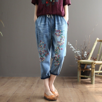 Large  Size M-3XL Womens Blue Jeans Elastic Waist Floral Embroidery Slim Cropped Pants Oversized Casual Spring Summer Trousers