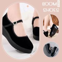 BOOM?รองเท้าคัชชูส้นตึกนิ้วครึ่ง ผ้ากำมะหยี่ สีดำล้วน เบอร์ 34-40