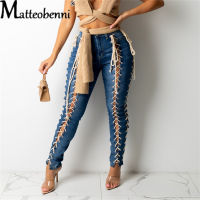 【CW】Sexy side Lace Up Blue Ripped Hollow Skinny Indie Jeans Street Women Push Up Butt Bandage Distressed Denim Pencil Pant